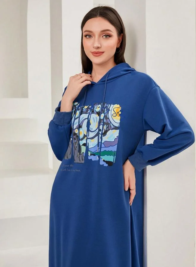 Take Two Women Blue Graphic Print Hooded Maxi Dress